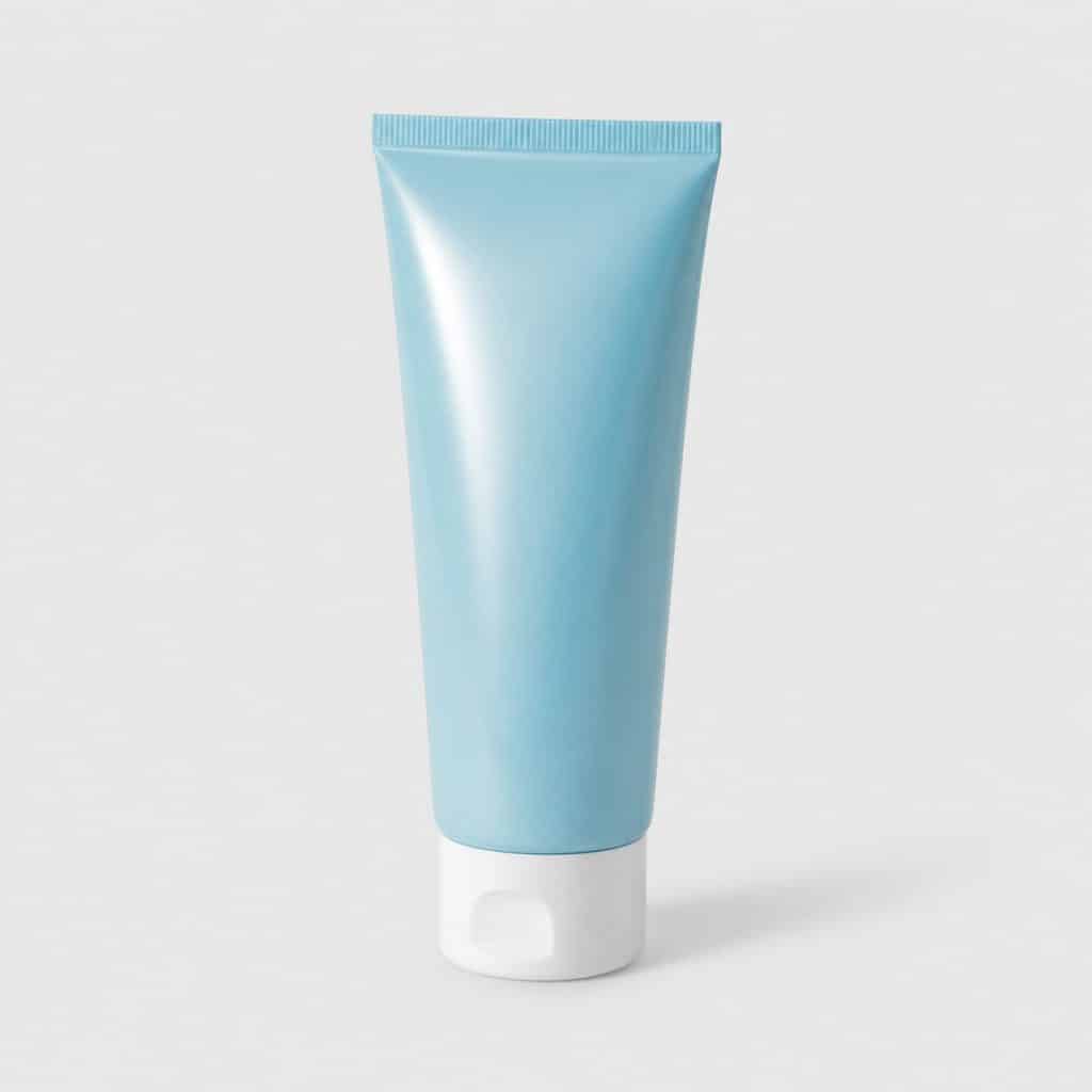 Tube de gel réparateur fluide posé sur fond neutre clair
