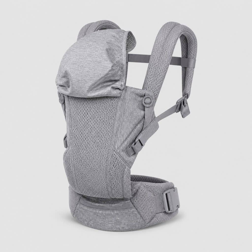 Porte-bébé en maille grise chinée avec capuche intégrée