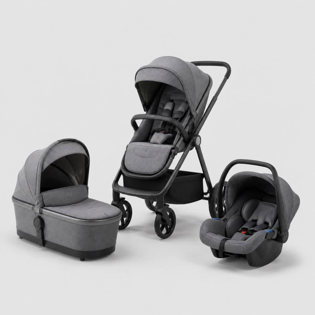 Pack poussette trio gris minéral avec châssis, nacelle et coque auto