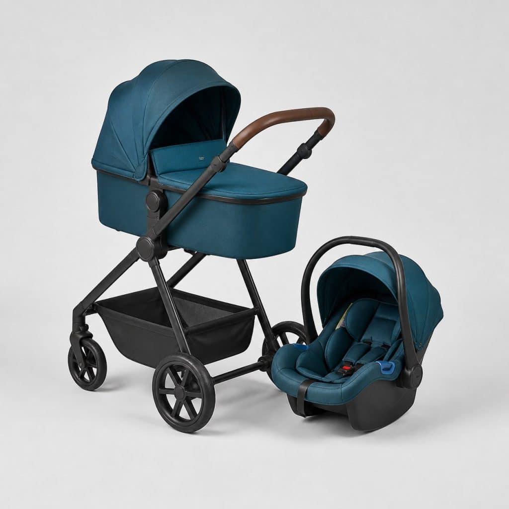 Pack poussette duo bleu pétrole avec châssis et coque auto