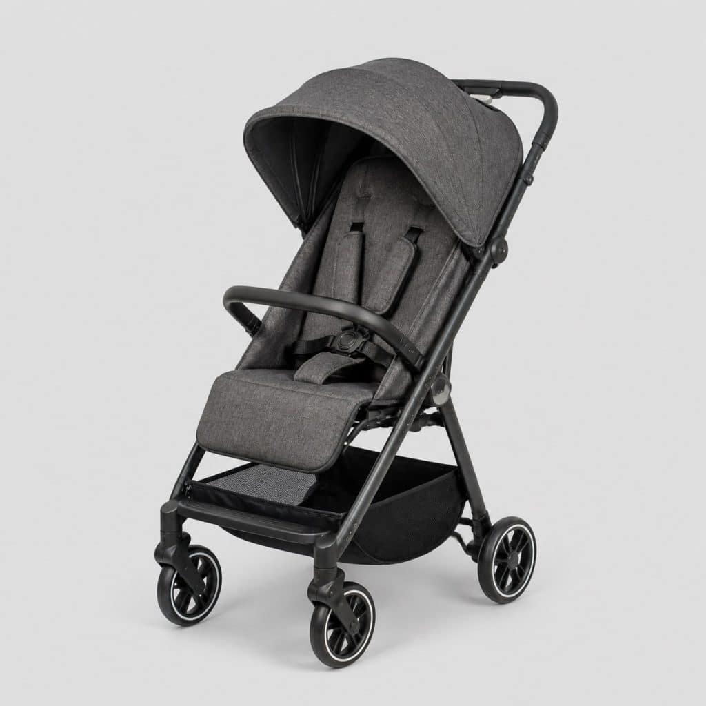 Poussette compacte 4 roues gris anthracite avec capote ouverte