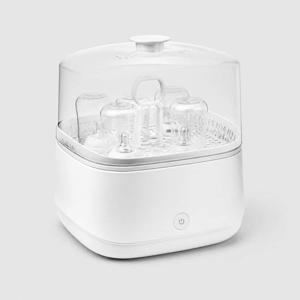 Stérilisateur électrique blanc avec panier à biberons et couvercle transparent